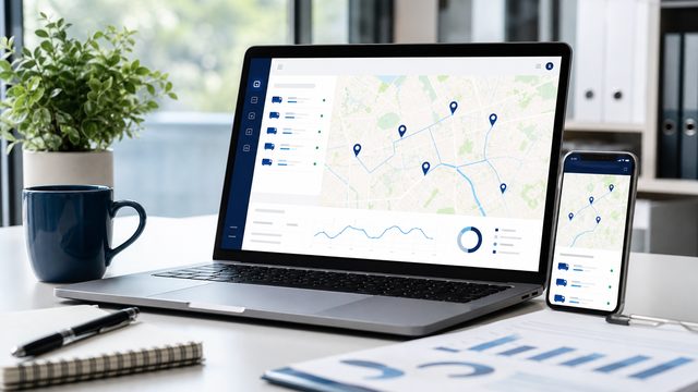 Desk with laptop and smartphone showing fleet GPS monitoring map